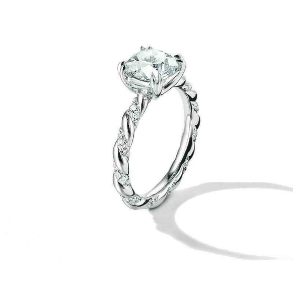 2Ct Cushion Cut Diamond Rope Band Solitaire Engagement Ring 14K White Gold Over