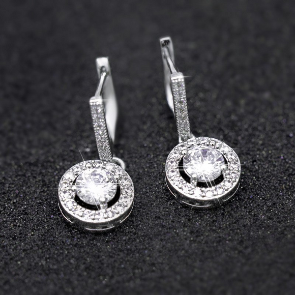 2ct Round Cut VVS1D Diamond Halo Latch Back Drop Earrings 14k White Gold Finish