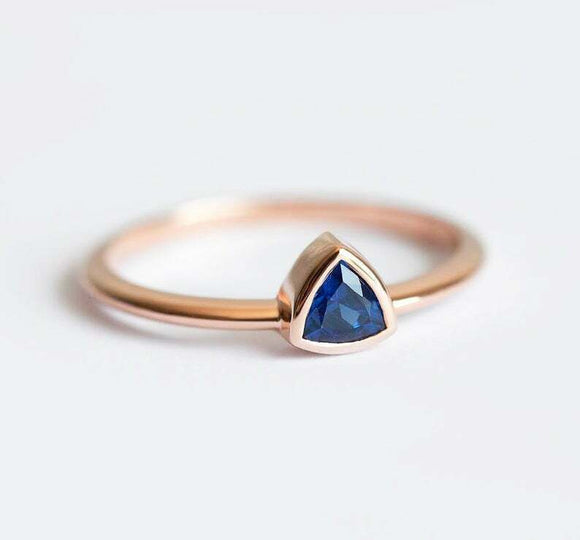 0.6ct Trillion Cut Blue Sapphire Bezel Set Solitaire Ring 14k Rose Gold Finish