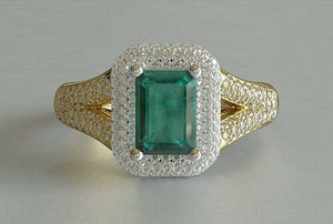 3.5ct Green Emerald Cut Engagement Ring Halo Split Shank 14k Dual Gold Finish