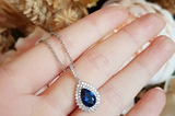 1.5ct Pear Cut Blue Sapphire Double Halo Pendant with Chain 14k White Gold Over