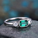 1Ct Green Emerald Milgrain Trilogy Solitaire Engagement Ring 14K White Gold Over