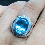 3.45ct Oval Cut Blue Topaz Halo Signet Engagement Men Ring 14k White Gold Finish