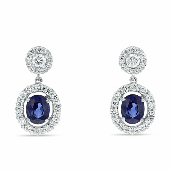 2.3ct Drop Earrings Oval Cut Blue Sapphire Halo Dangling 14k White Gold Finish