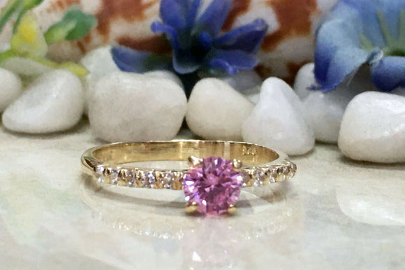 1.2ct Round Cut Pink Sapphire Solitaire with Accent Ring 14k Yellow Gold Finish