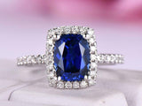 2ct Elongated Cushion Cut Blue Sapphire Engagement Ring Halo 14k White Gold Over