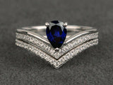 3Ct Pear Cut Blue Sapphire Bridal Set Curved Shank Ring Band 14K White Gold Over