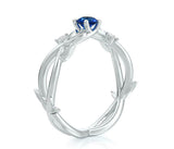 1ct Round Cut Blue Sapphire Leaf Solitaire Engagement Ring 14k White Gold Finish