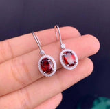 2ct Oval Cut Red Garnet Diamond Halo Fish Hook Drop Earrings 14k White Gold Over