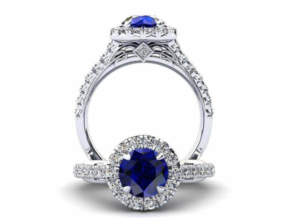 1.5ct Round Cut Blue Sapphire Engagement Ring Halo Diamond 14k White Gold Finish