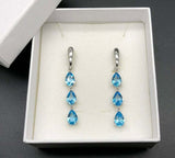 1.75ct Dangle Earrings Pear Cut Blue Topaz Three Stone 14k White Gold Finish