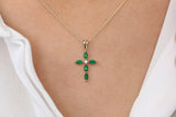 1ct Green Emerald Pendant with Chain Marquise Cut Holy Cross 14k YellowGold Over