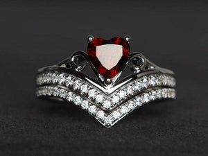 2ct Engagement Ring Heart Cut Red Garnet Bridal Set 14k White Gold Finish