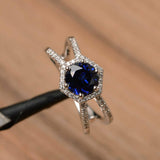 1.4ct Round Cut Blue Sapphire Split Shank Engagement Ring 14k White Gold Finish