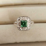 1ct Engagement Ring Asscher Cut Emerald Vintage Inspired 14k White Gold Finish