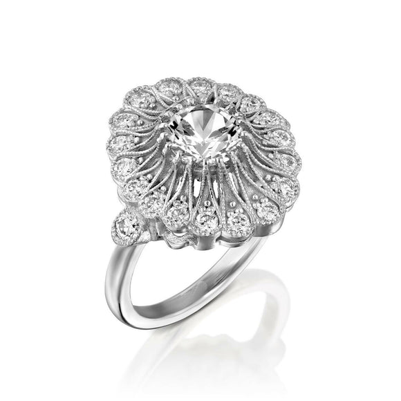 3ct Round Diamond Vintage Inspired Halo Milgrain Floral Ring 14k White Gold Over