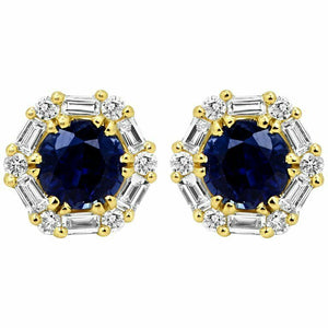 0.7ct Round Cut Blue Sapphire Diamond Halo Stud Earrings 14k Yellow Gold Finish