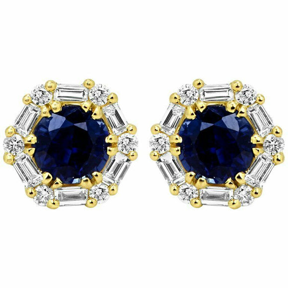 0.7ct Round Cut Blue Sapphire Diamond Halo Stud Earrings 14k Yellow Gold Finish