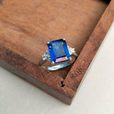 2ct Engagement Ring Emerald Cut Blue Sapphire Diamond Petite 14k White Gold Over