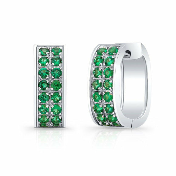 4Ct Round Cut Green Emerald Two Row Huggies Earrings Women 14K White Gold Finish