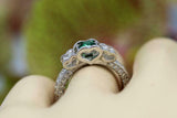 1.5ct Round Cut Green Emerald Milgrain Diamond Accent Ring 14k White Gold Finish