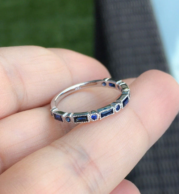 2ct Baguette Round Blue Sapphire Half Eternity Wedding Band 14k White Gold Over