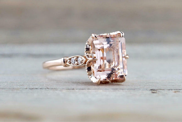 2ct Emerald Cut Peach Morganite Milgrain Filigree Vintage Ring 14k RoseGold Over