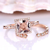 2ct Princess Cut Peach Morganite Bridal Set Engagement Ring 18k Rose Gold Finish