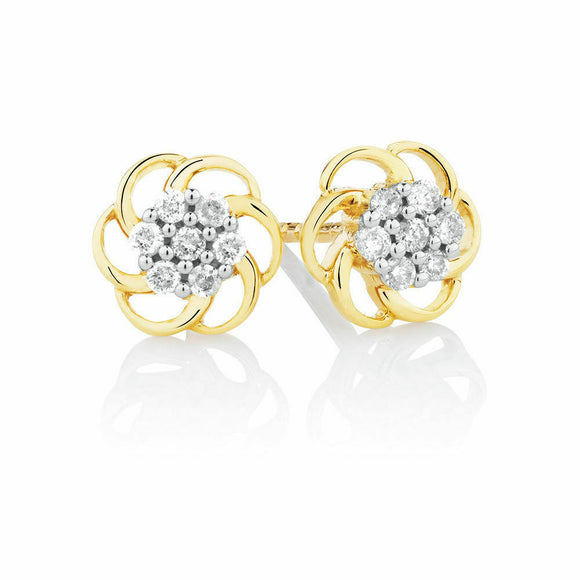 0.4ct Round Cut VVS1 Diamond Flower Design Stud Earrings 14k Yellow Gold Finish