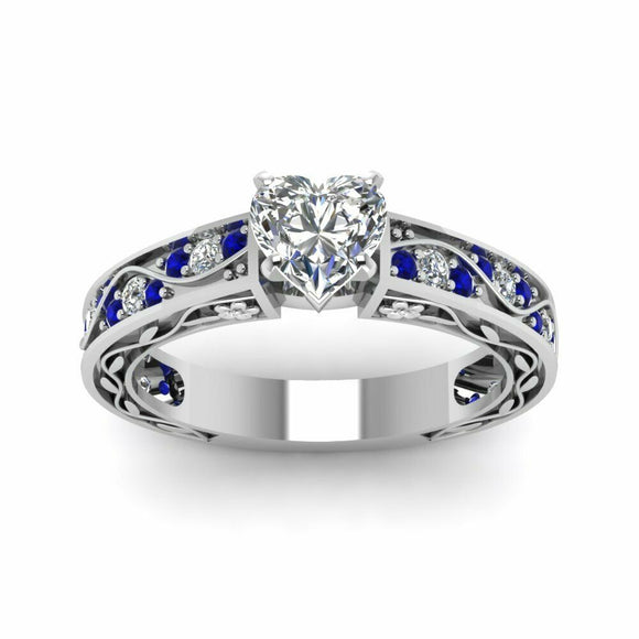 1.5ct Heart Cut Antique Filigree Solitaire Engagement Ring 14k White Gold Finish