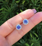 2Ct Round Cut Blue Tanzanite Diamond Halo Stud Earrings 14K White Gold Finish