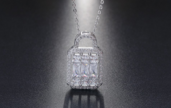 2.9ct Radiant Cut Diamond Lock Design Women Pendant Chain 14k White Gold Finish