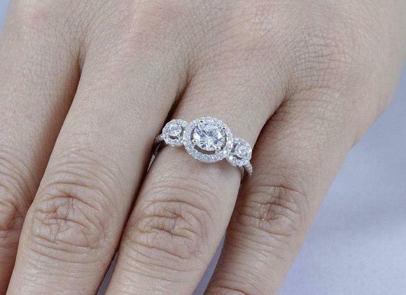 2.5ct Round Cut VVS1D Diamond Engagement Ring Halo Trilogy 14k White Gold Finish