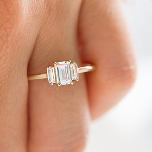 2.3ct Emerald Cut Diamond Classic Trilogy Engagement Ring 14k Yellow Gold Finish