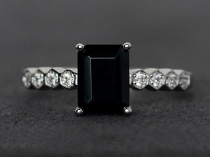 2ct Emerald Cut Black Diamond Hexagon Eternity Shank Ring 14k White Gold Finish