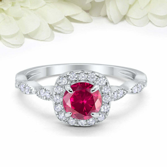 2ct Round Pink Ruby Engagement Ring Diamond Accent Halo Women 14k WhiteGold Over