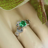 1ct Heart Cut Green Emerald Engagement Ring Claddagh Design 14k White Gold Over