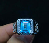 3.5ct Emerald Cut Blue Topaz Diamond Halo Engagement Men Ring 14k WhiteGold Over