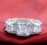 4Ct Princess Diamond Halo Vintage Trilogy Engagement Ring 14K White Gold Finish