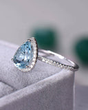 3Ct Pear Cut Blue Aquamarine Diamond Accent Engagement Ring 14K White Gold Over