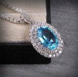 2.7ct Blue Topaz Pendant Oval Cut Diamond Dual Halo 14k White Gold Over NO CHAIN