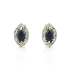 2.24ct Stud Earrings Marquise Cut Blue Sapphire Halo 14k Yellow Gold Finish