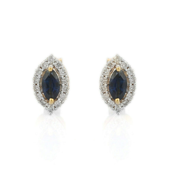 2.24ct Stud Earrings Marquise Cut Blue Sapphire Halo 14k Yellow Gold Finish