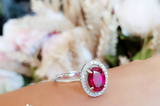 2ct Oval Cut Pink Ruby Engagement Ring 14k WhiteGold Over Halo Cluster Statement