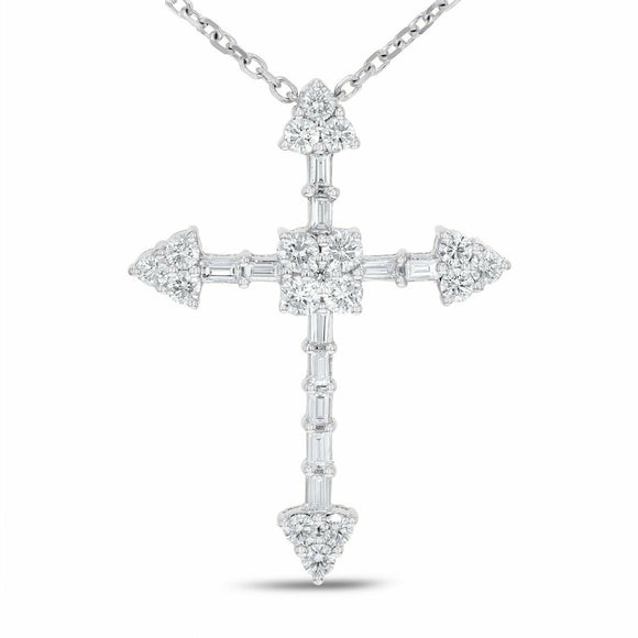 2.3ct Diamond Round Cut Brilliant Slim Cross Pendant Chain 14k White Gold Finish