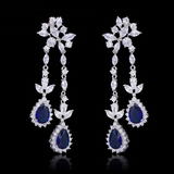 4ct Pear Cut Blue Sapphire Halo Wedding Water Drop Earrings 14k WhiteGold Finish