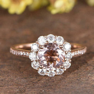 2ct Round Cut Morganite Engagement Ring Halo Diamond Floral 14k Rose Gold Finish