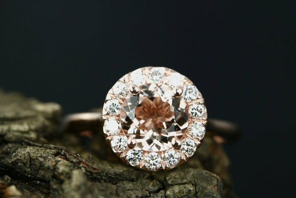 1ct Round Cut Peach Morganite Engagement Ring 14k Rose Gold Over Halo Design