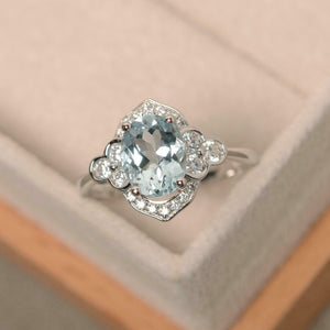 2ct Oval Cut Blue Aquamarine Solitaire Round Floral Halo Ring 14k WhiteGold Over