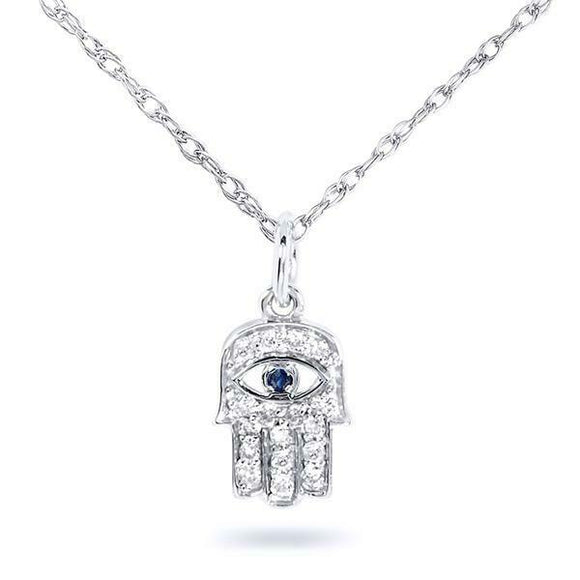 1.5Ct Round Cut Diamond Blue Sapphire Hamsa Pendant Chain 14K White Gold Finish